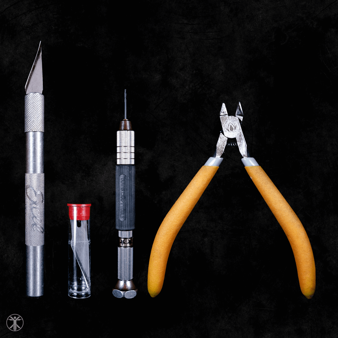 A photomontage of various tools. From left to right: a hobby knife, sharp blades, a pin vise and a pair of precision nippers